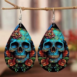 Blue Skull With Flower Print Teardrop Dangle Earrings Goth Halloween PU